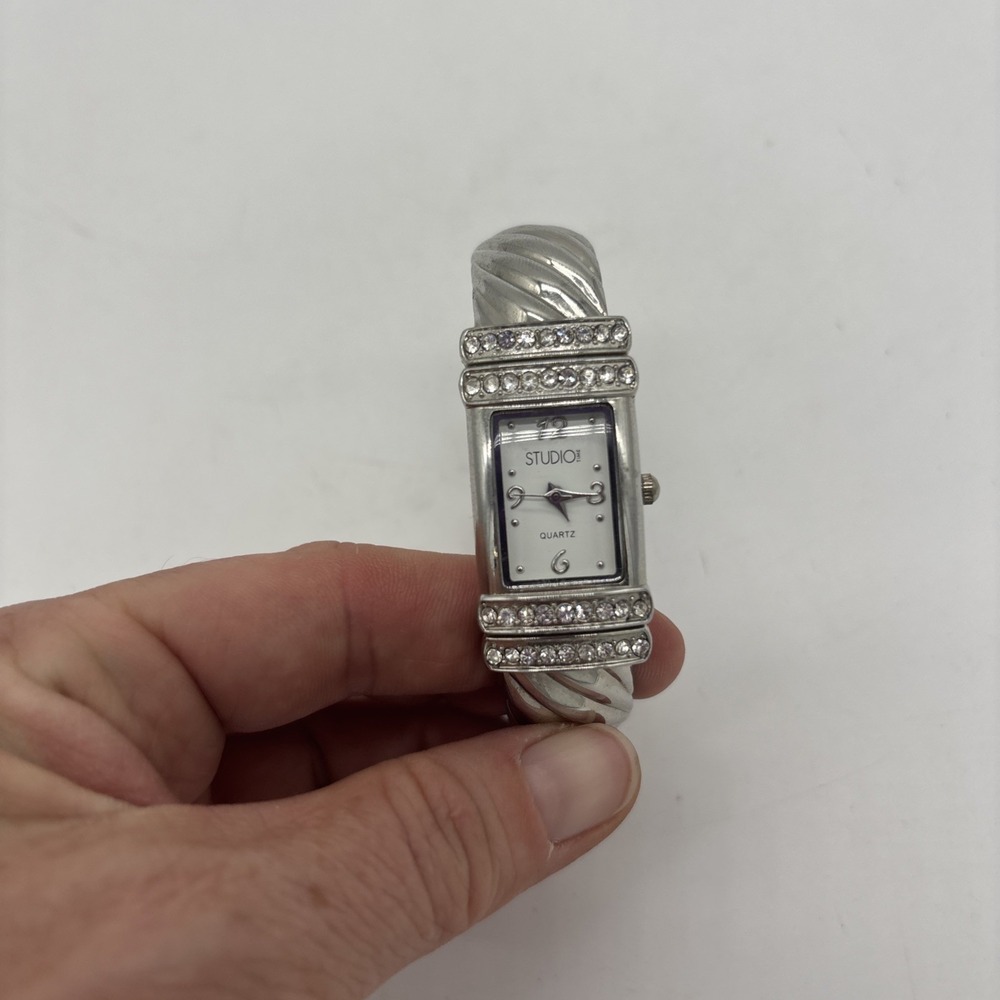 Unique Studio Time Silver Tone w/ Rhinestones Women's Quartz Cuff Wrist Watch - Picture 1 of 8